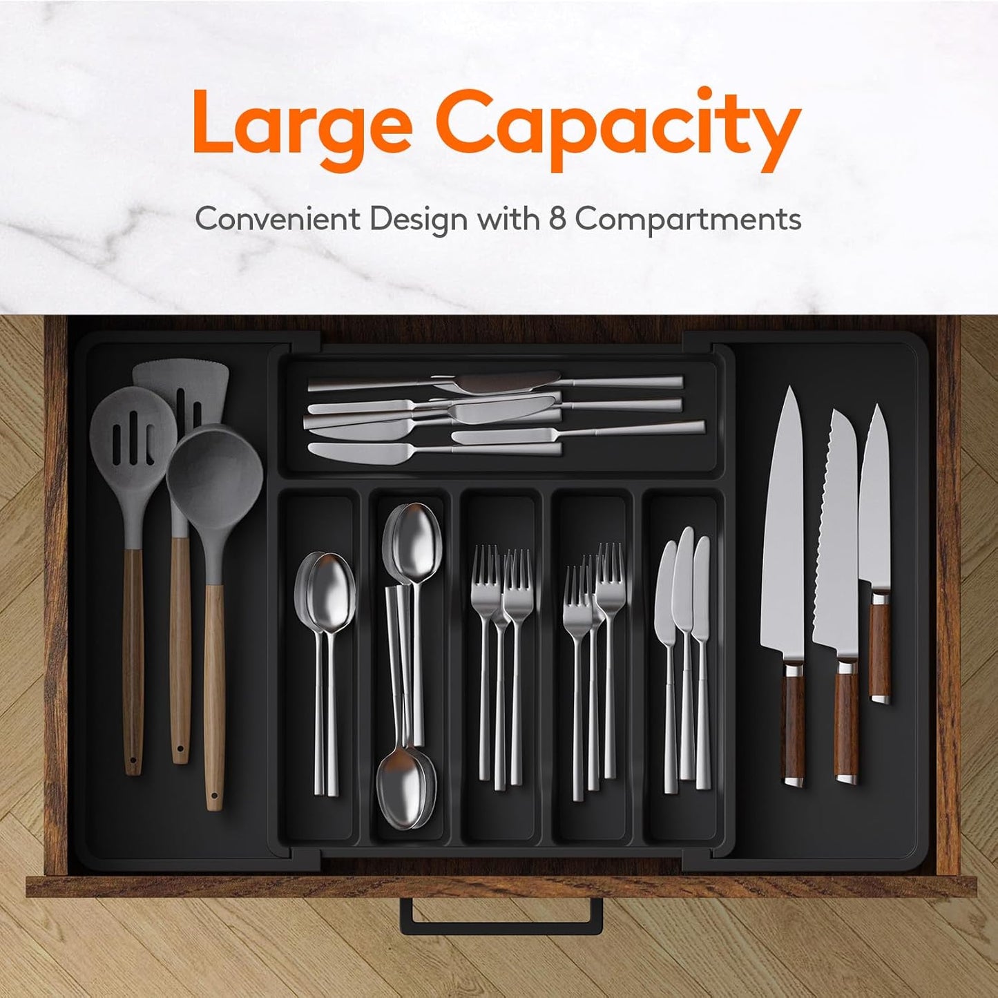 Lifewit Expandable Silverware Organizer – BPA-Free, Adjustable Utensil Tray (Black)