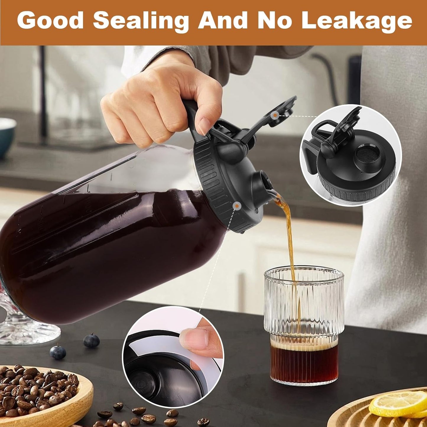 64oz Cold Brew Coffee Maker, Mason Jar, Stainless Steel Filter, Airtight, Leak-Proof