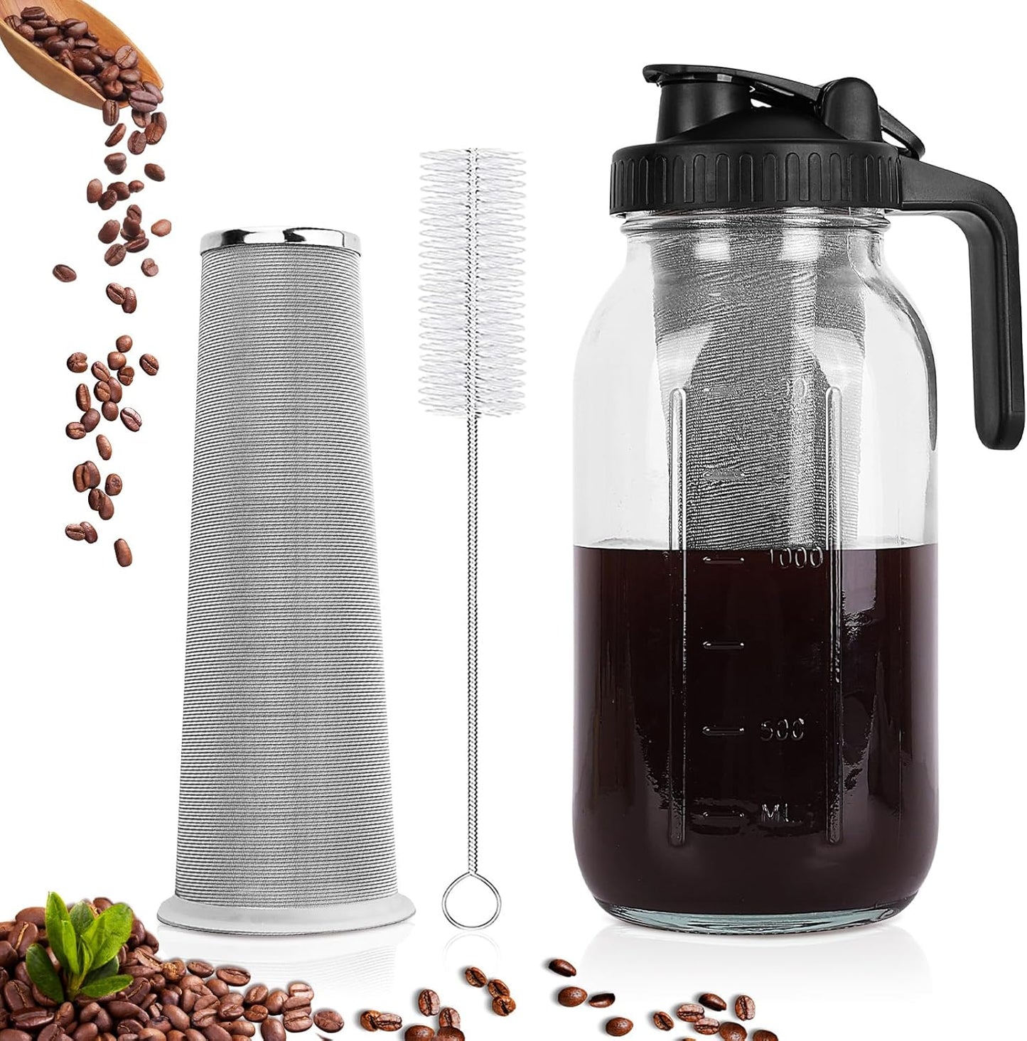 64oz Cold Brew Coffee Maker, Mason Jar, Stainless Steel Filter, Airtight, Leak-Proof
