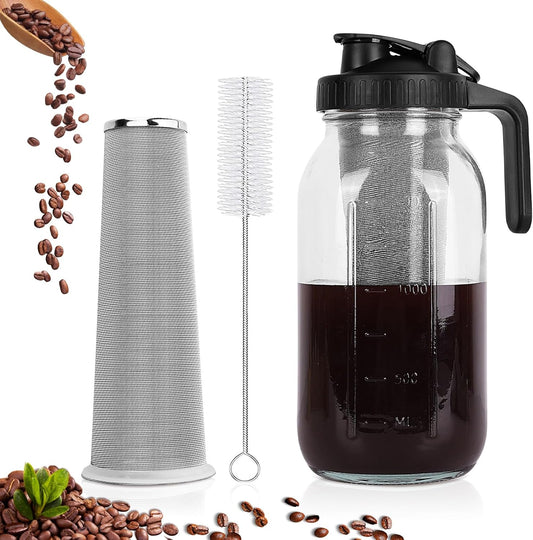64oz Cold Brew Coffee Maker, Mason Jar, Stainless Steel Filter, Airtight, Leak-Proof